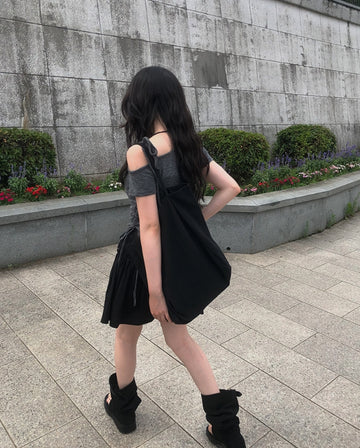Newdy One Shoulder Open Ribbon Short Sleeve T-shirt